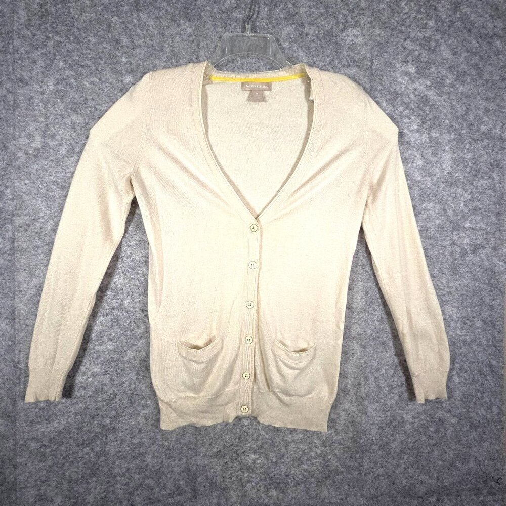 Banana Republic Women's Cardigan Sweater Button Up V Neck Pockets Cream Size M